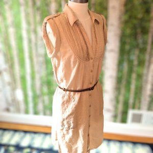 Linen Shirt Dress with Pleated Bib Collar, Pockets, and Rollaway Short Sleeves